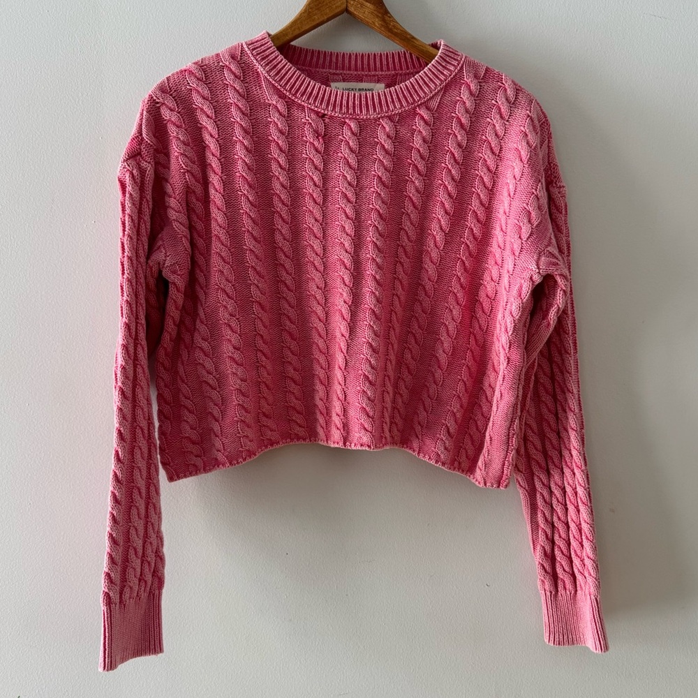 Lucky Brand Cable Knit Sweater, Sz XS, Pink Cotton Cropped Long Sleeve Retro